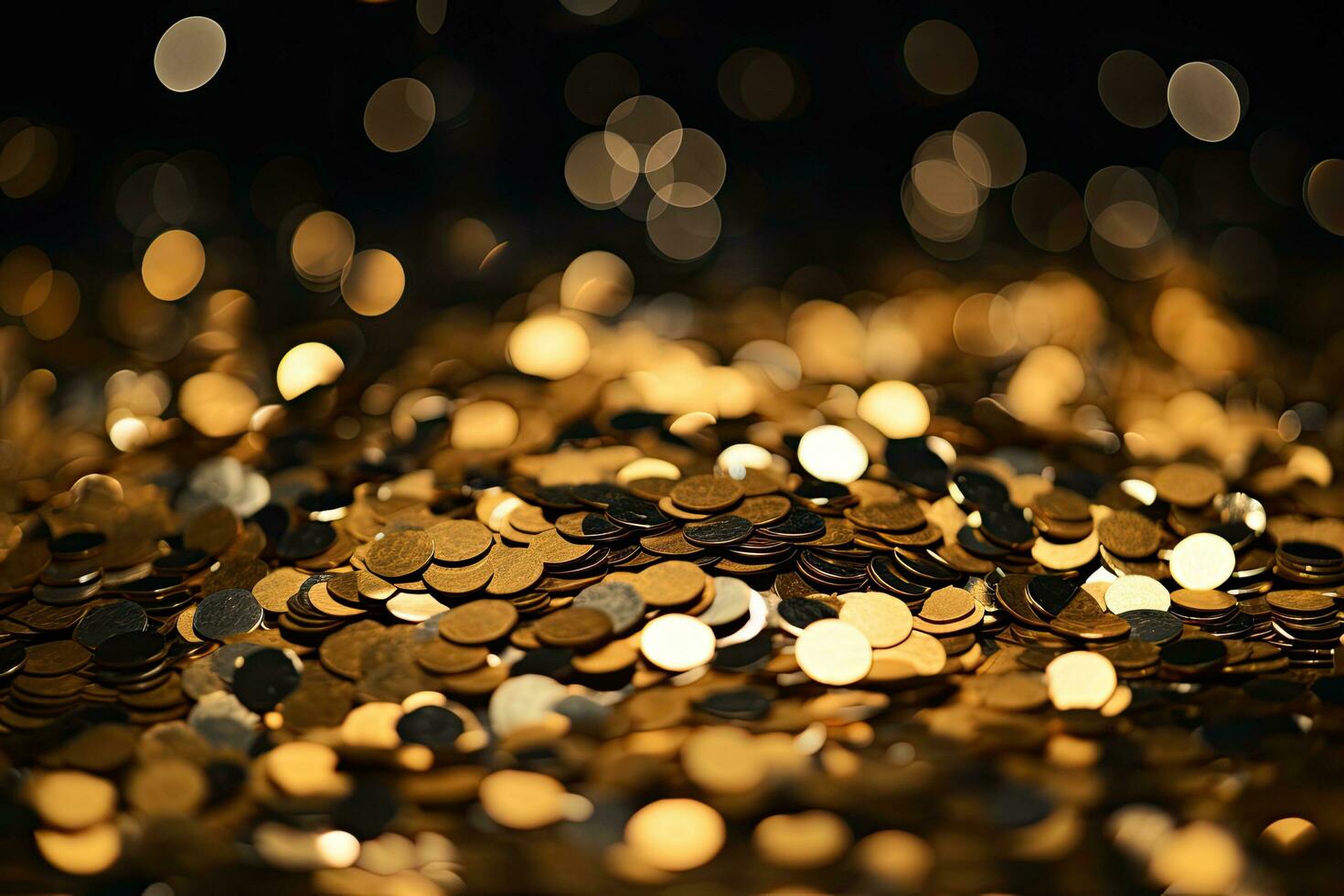 golden confetti on a black background, shallow depth of field, Golden confetti on a Black background. Shallow depth of field, AI Generated photo