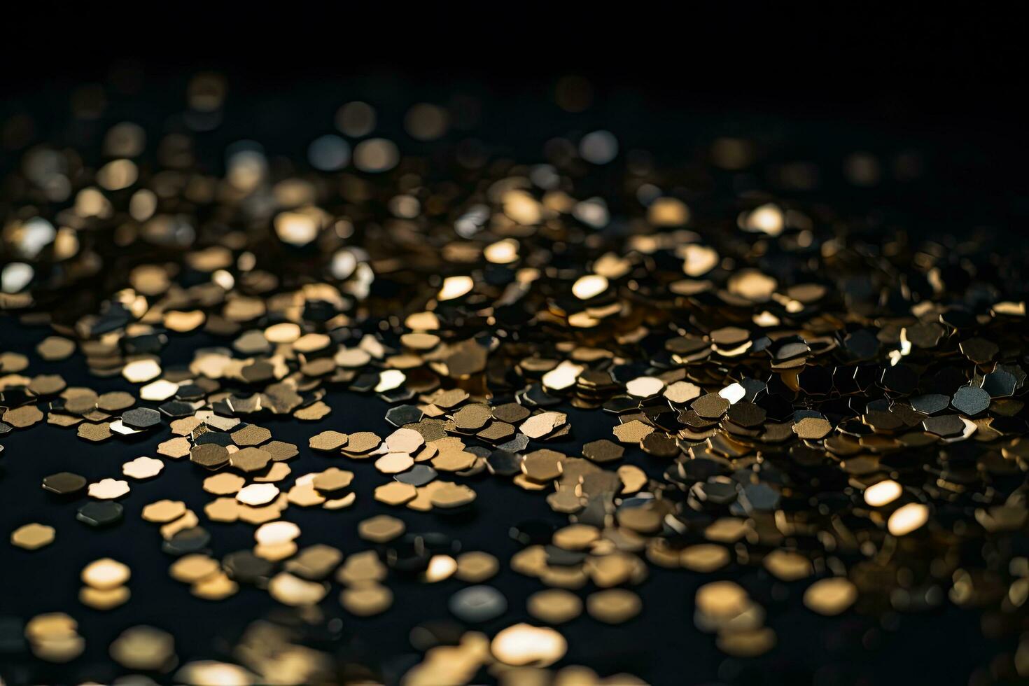 Golden confetti on a black background. Shallow depth of field, Golden confetti on a Black background. Shallow depth of field, AI Generated photo