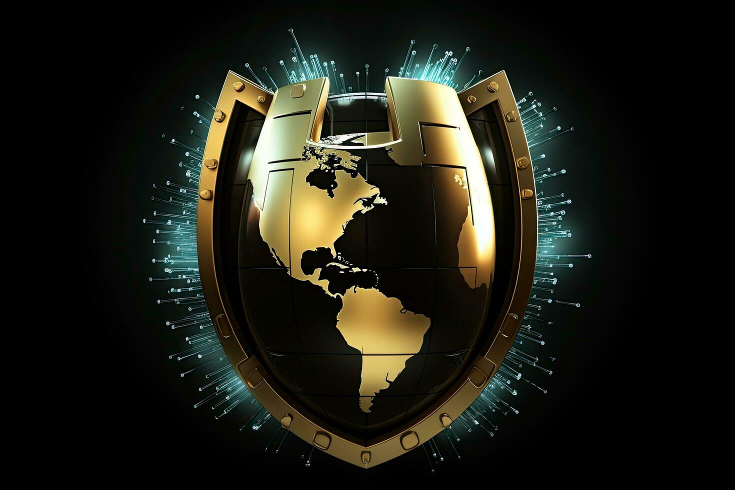 Globe and shield, cyber security concept. 3D rendering, Global network security shield on a Black background, Digital security and data protection, AI Generated photo
