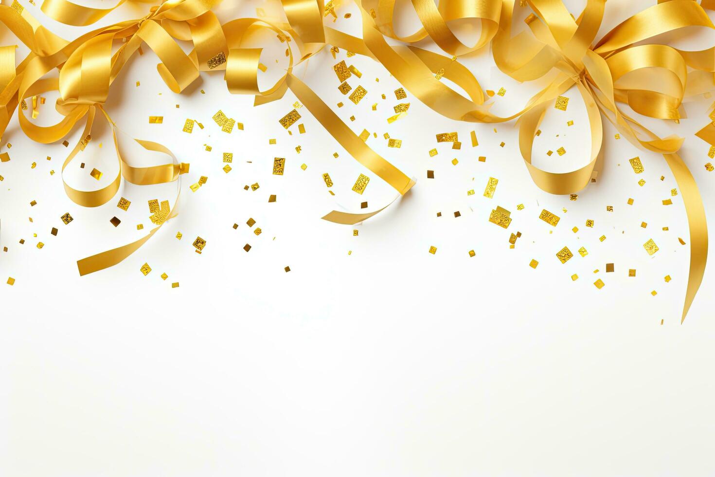 Celebration background with gold ribbon and confetti. Vector illustration, Golden confetti and ribbons on a white background. Festive background, AI Generated photo