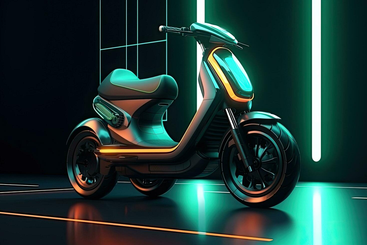 3D rendering of a classic scooter in neon light on a dark background, Generic electric scooter, futuristic mobility solution for towns. sustainable transportation solutions, AI Generated photo