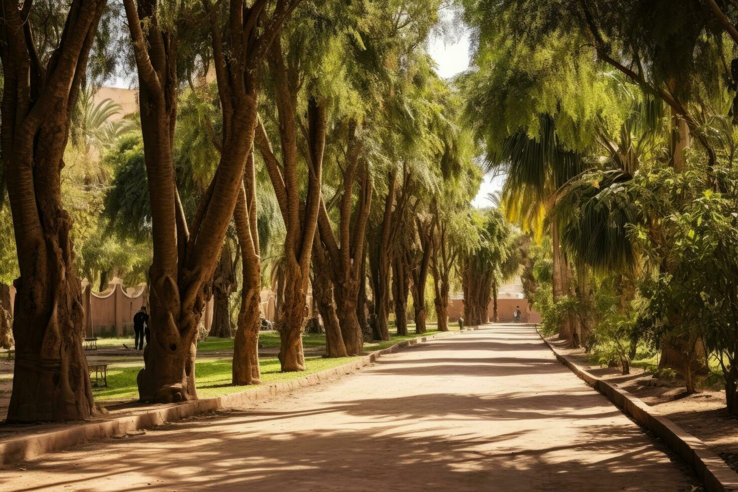 Tropical park with palm trees and pathway in morocco, Garbage pile in forest among plants. Toxic plastic into nature everywhere, AI Generated photo