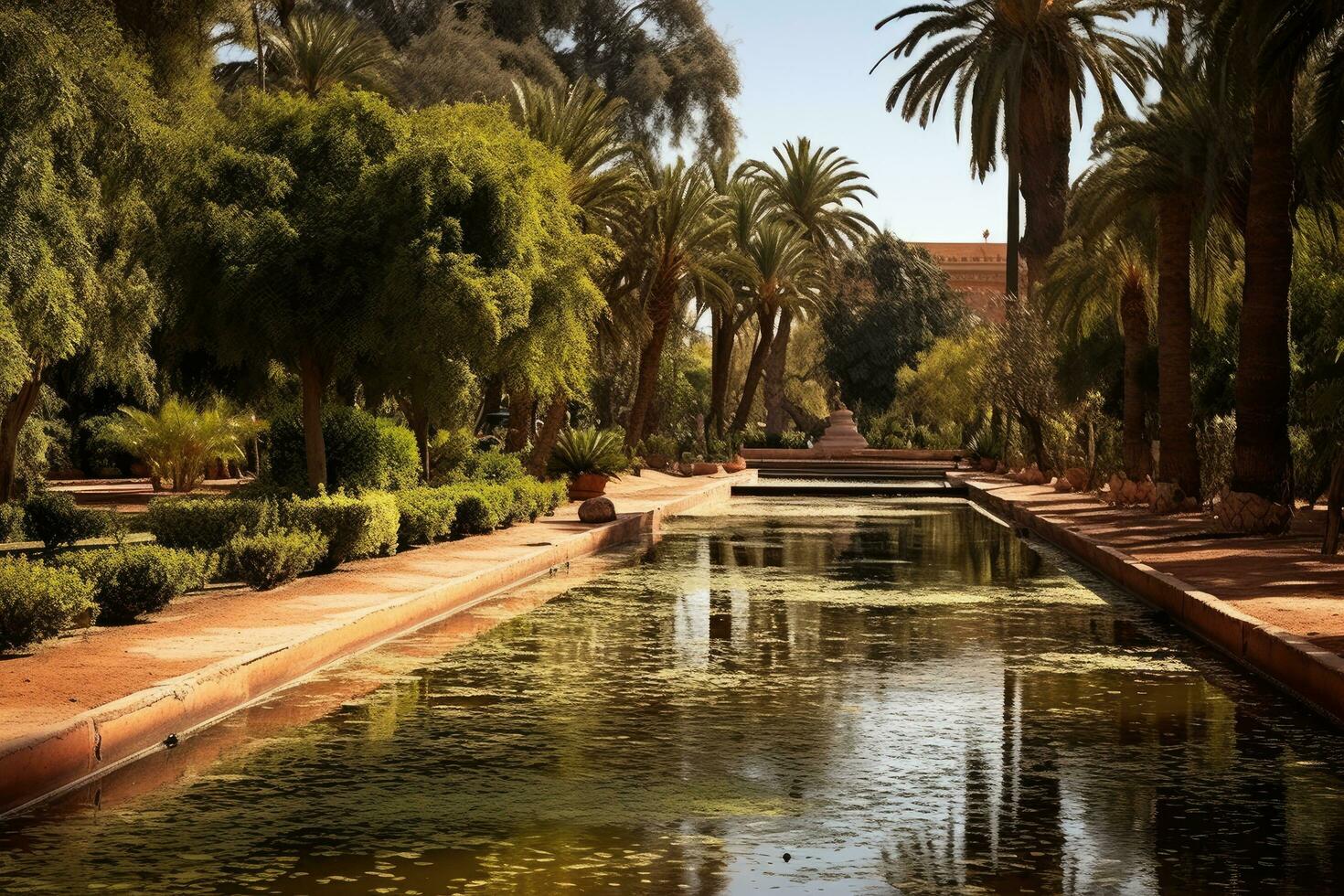 Palm trees in the Alhambra, Granada, Spain, Garbage pile in forest among plants. Toxic plastic into nature everywhere, AI Generated photo