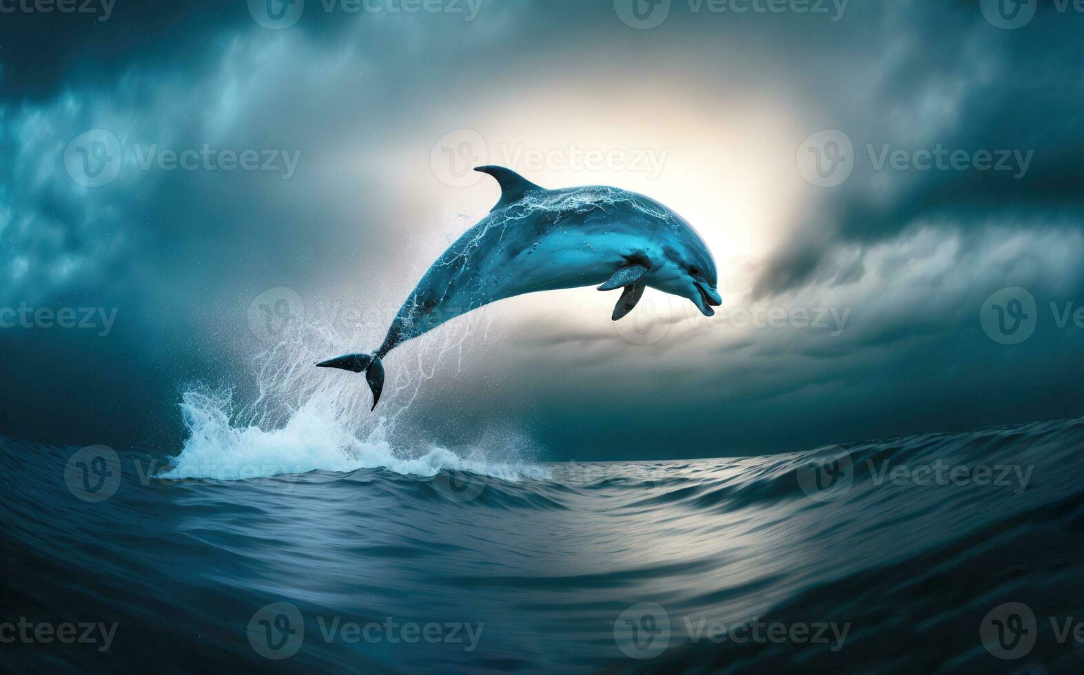 delfín saltando en Oceano a noche. generativo ai foto