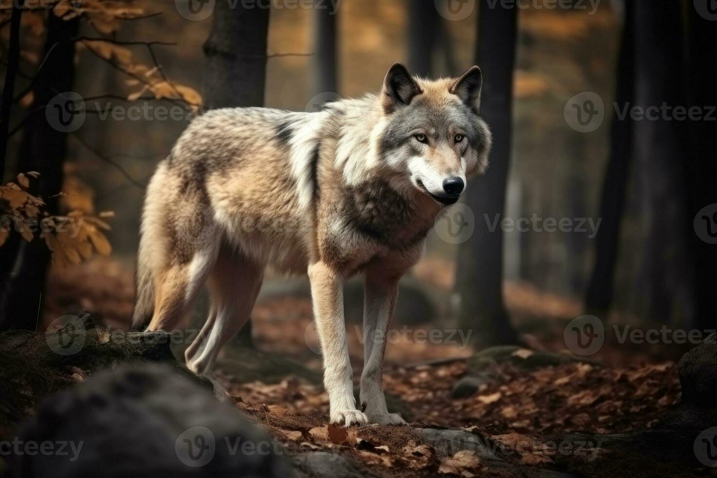 grande, enojado y hambriento lobo en el bosque. generativo ai foto