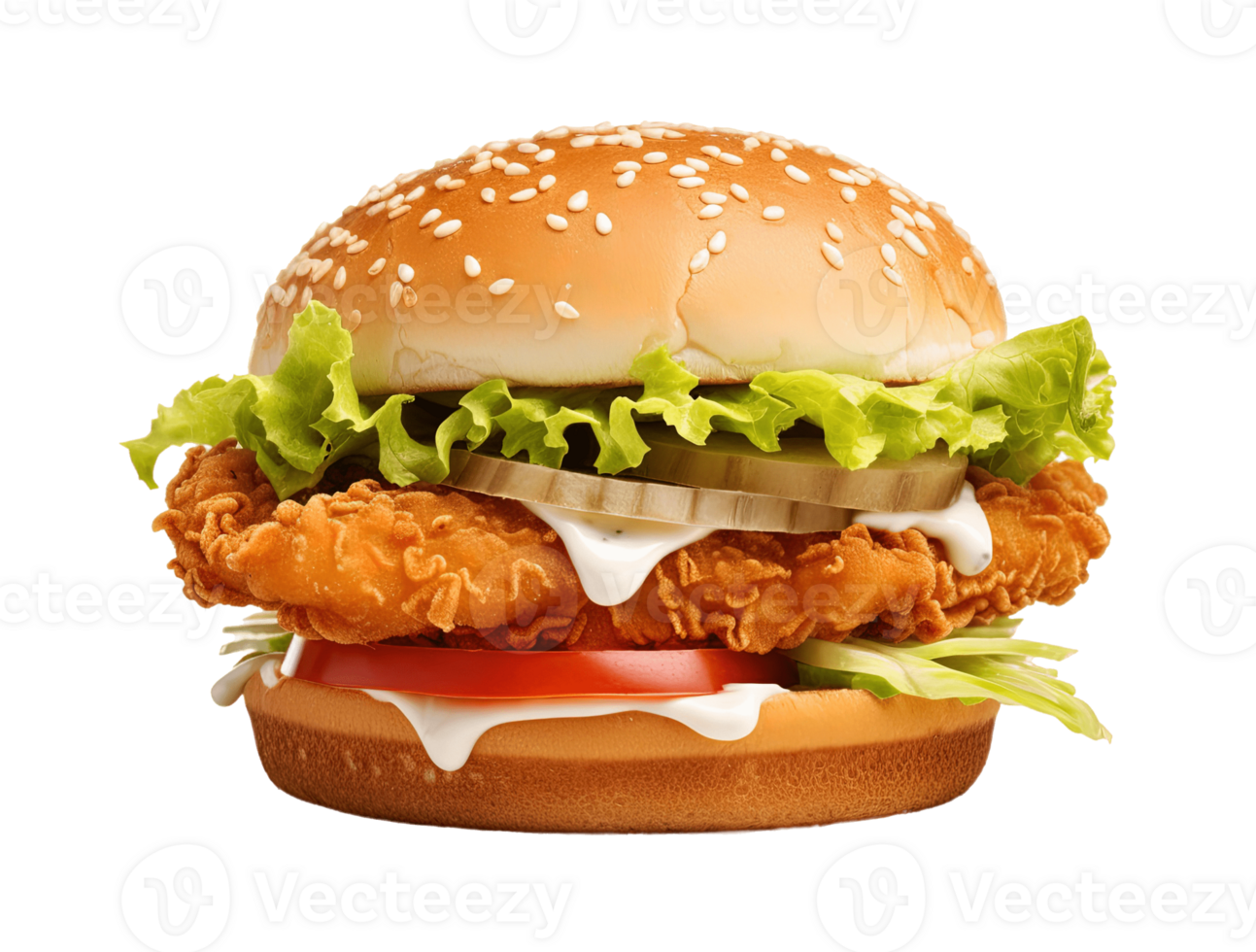 Fried chicken burger isolated on transparent background. PNG file, cut out. AI Generated