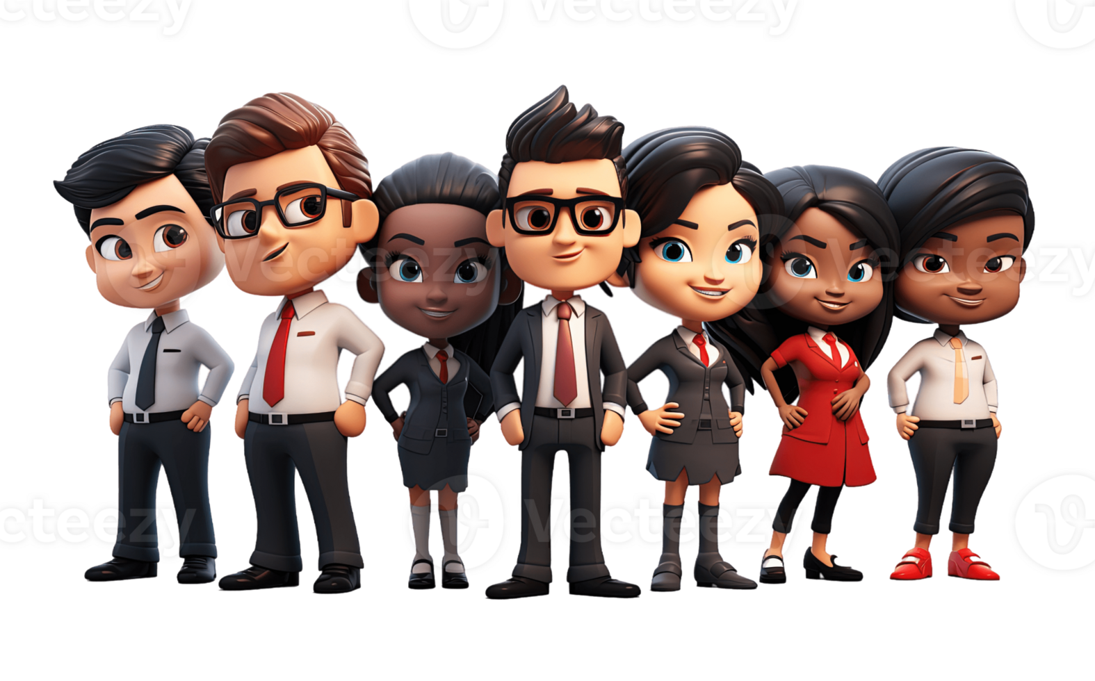 Group of young business people isolated on transparent background. PNG file, cut out. 3D cartoon character. AI Generated