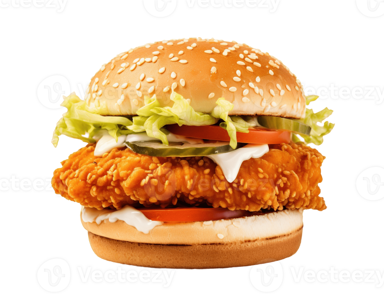 Fried chicken burger isolated on transparent background. PNG file, cut out. AI Generated