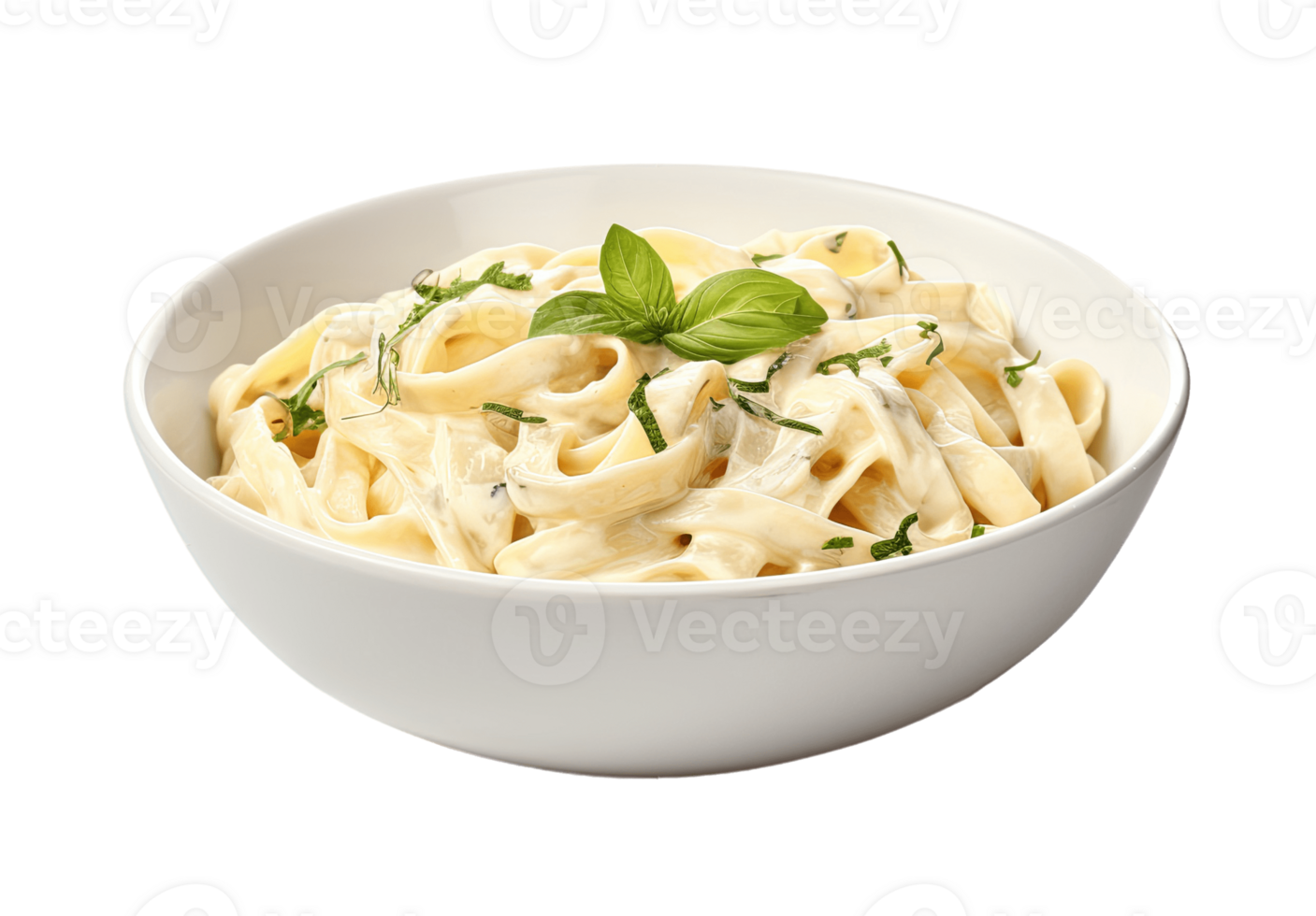 Bowl of fettucini alfredo with garnish isolated on transparent background. PNG file, cut out. AI Generated