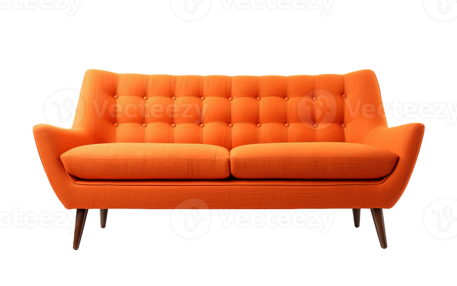 Mid-Century Modern orange sofa isolated on transparent background. PNG file, cut out. AI Generated