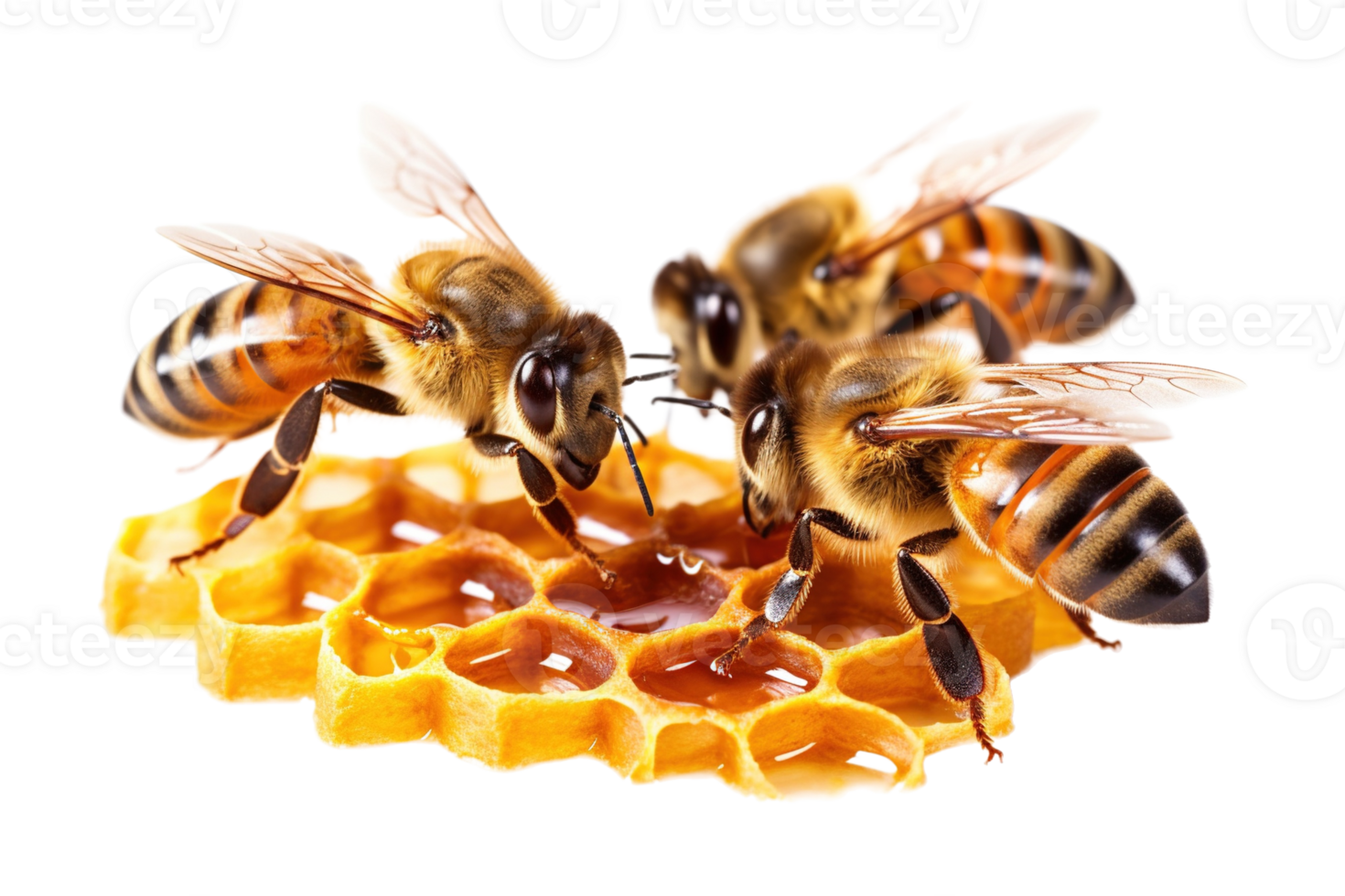 Three bees and honey comb isolated on transparent background. PNG file, cut out. AI Generated