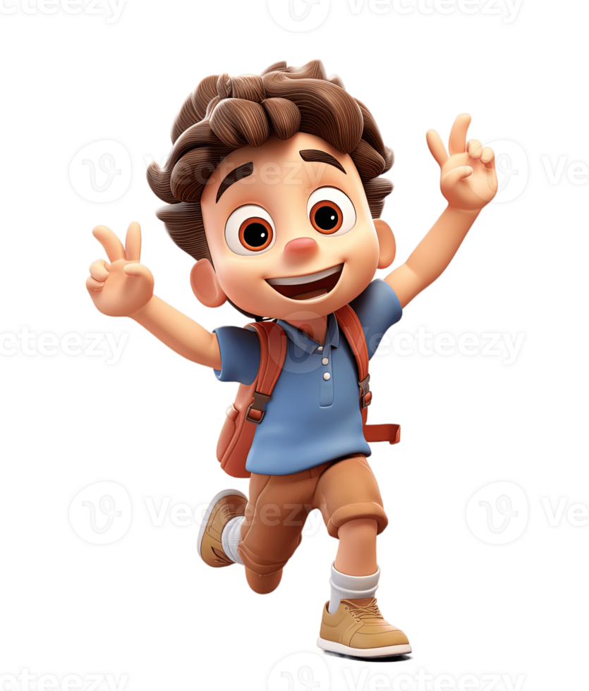 3D cartoon character cute student kids boy dancing isolated on transparent background. PNG file, cut out. AI Generated