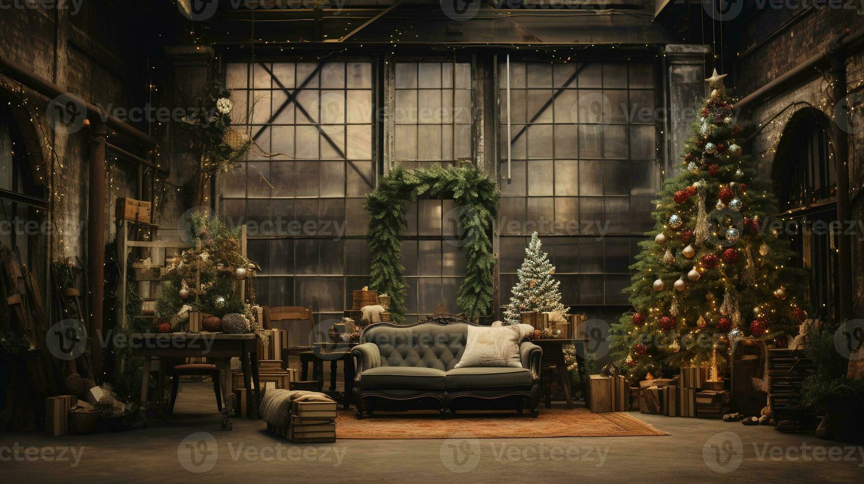 Generative AI, Christmas interior rural background, Santa Claus rustic workshop photo