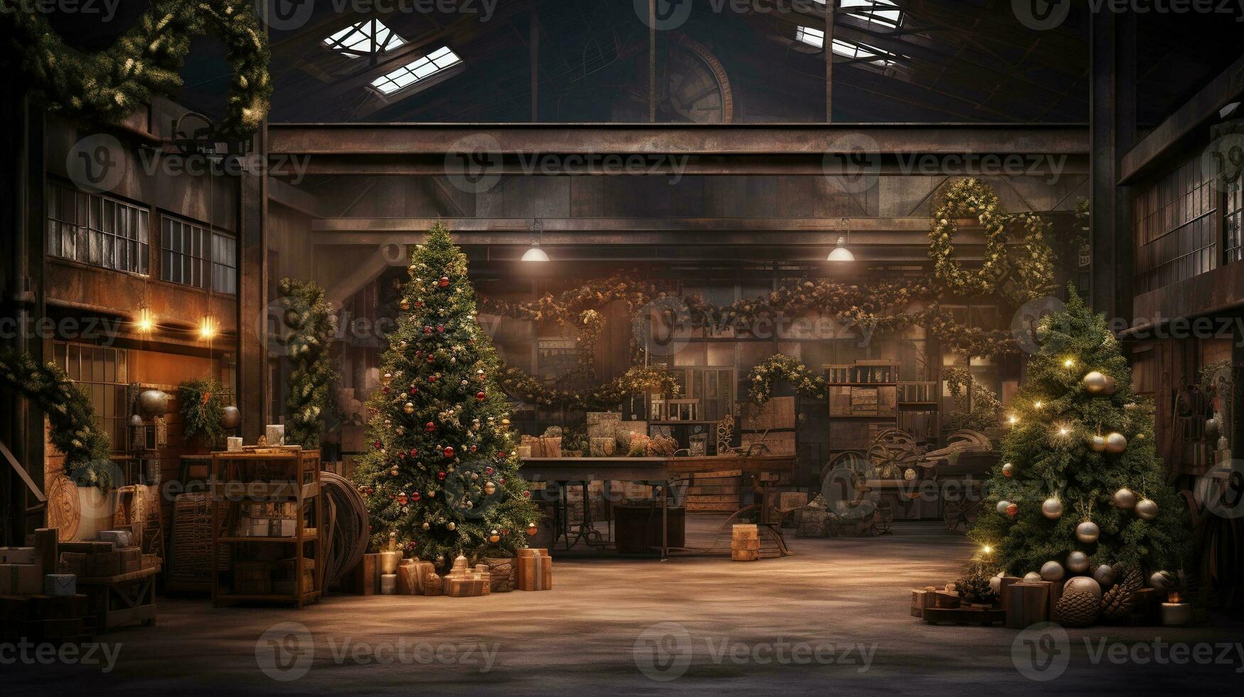 Generative AI, Christmas interior rural background, Santa Claus rustic workshop photo