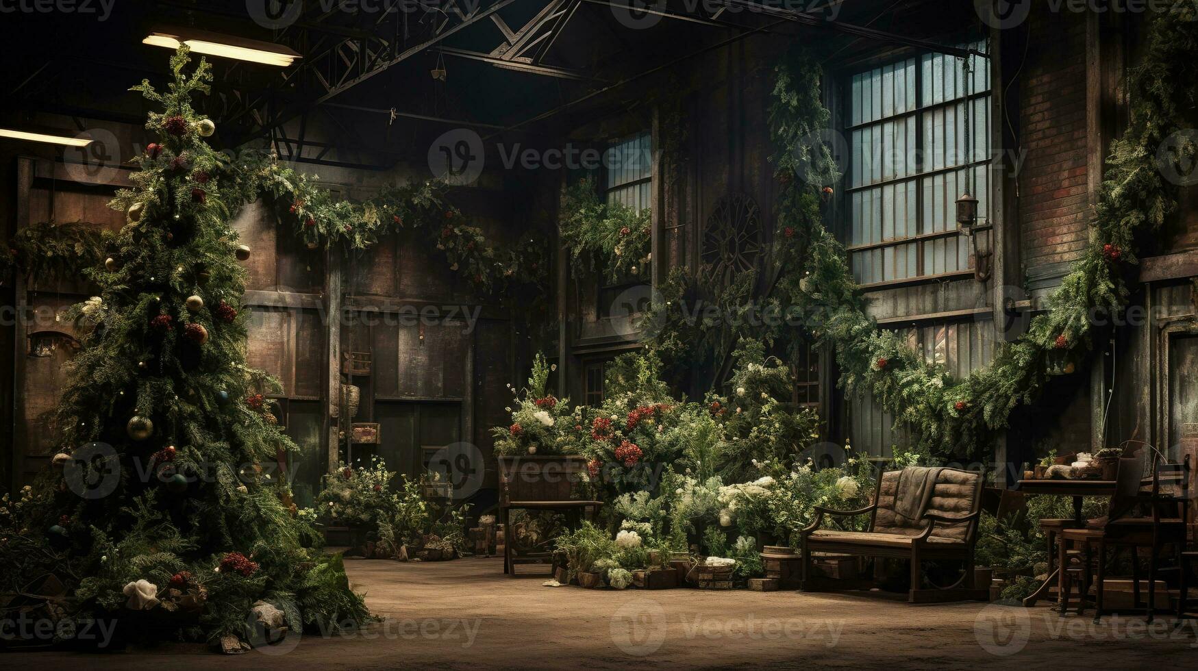 Generative AI, Christmas interior rural background, Santa Claus rustic workshop photo