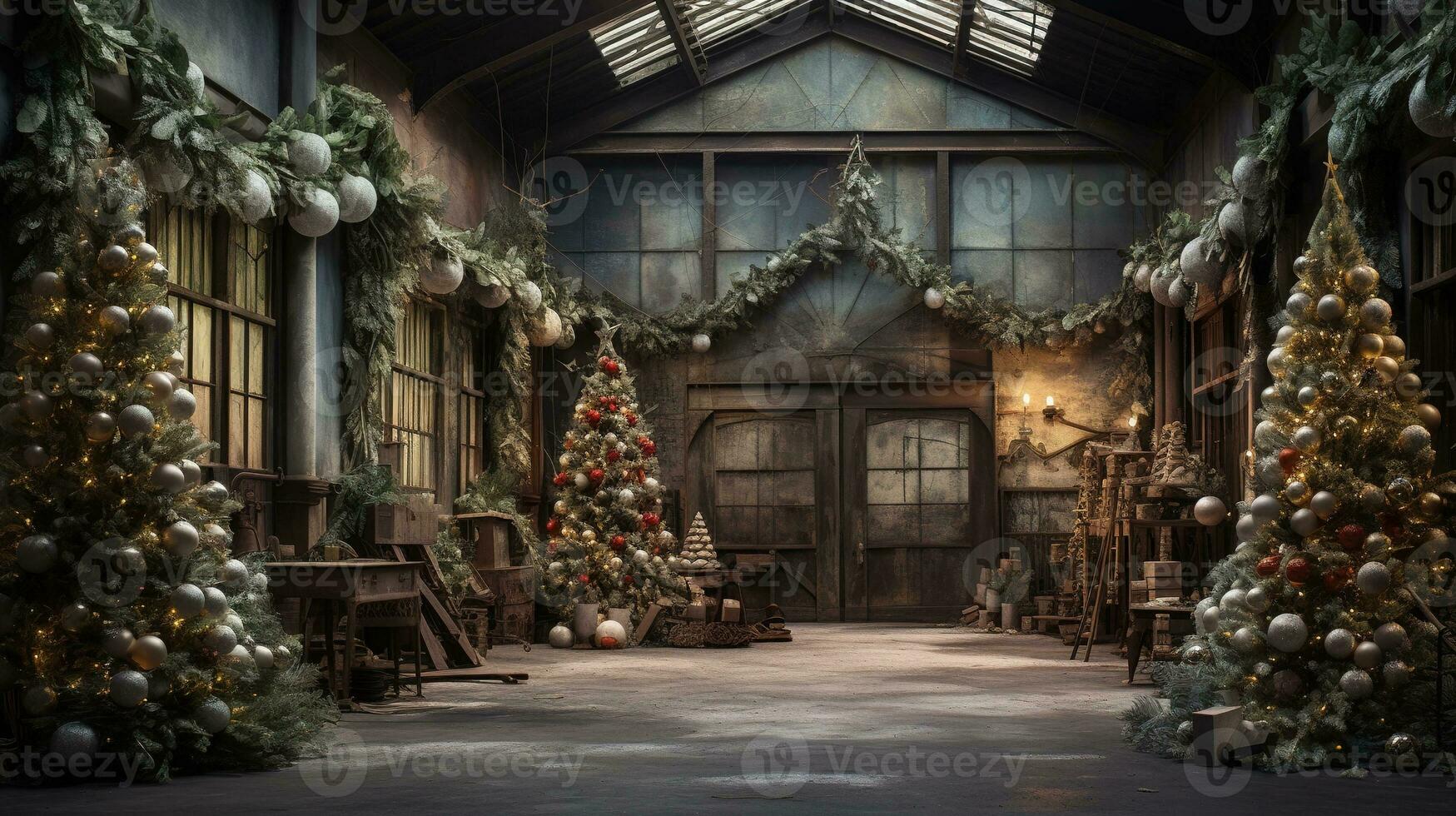 Generative AI, Christmas interior rural background, Santa Claus rustic workshop photo