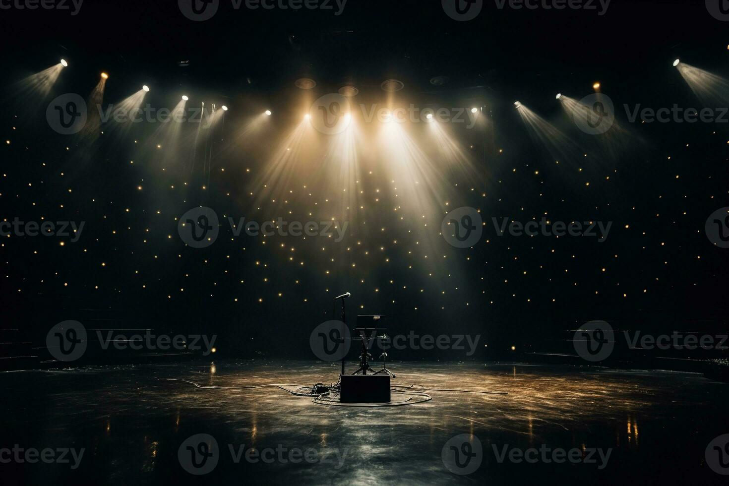 Concert stage with a microphone in the light of spotlights. Performance photo