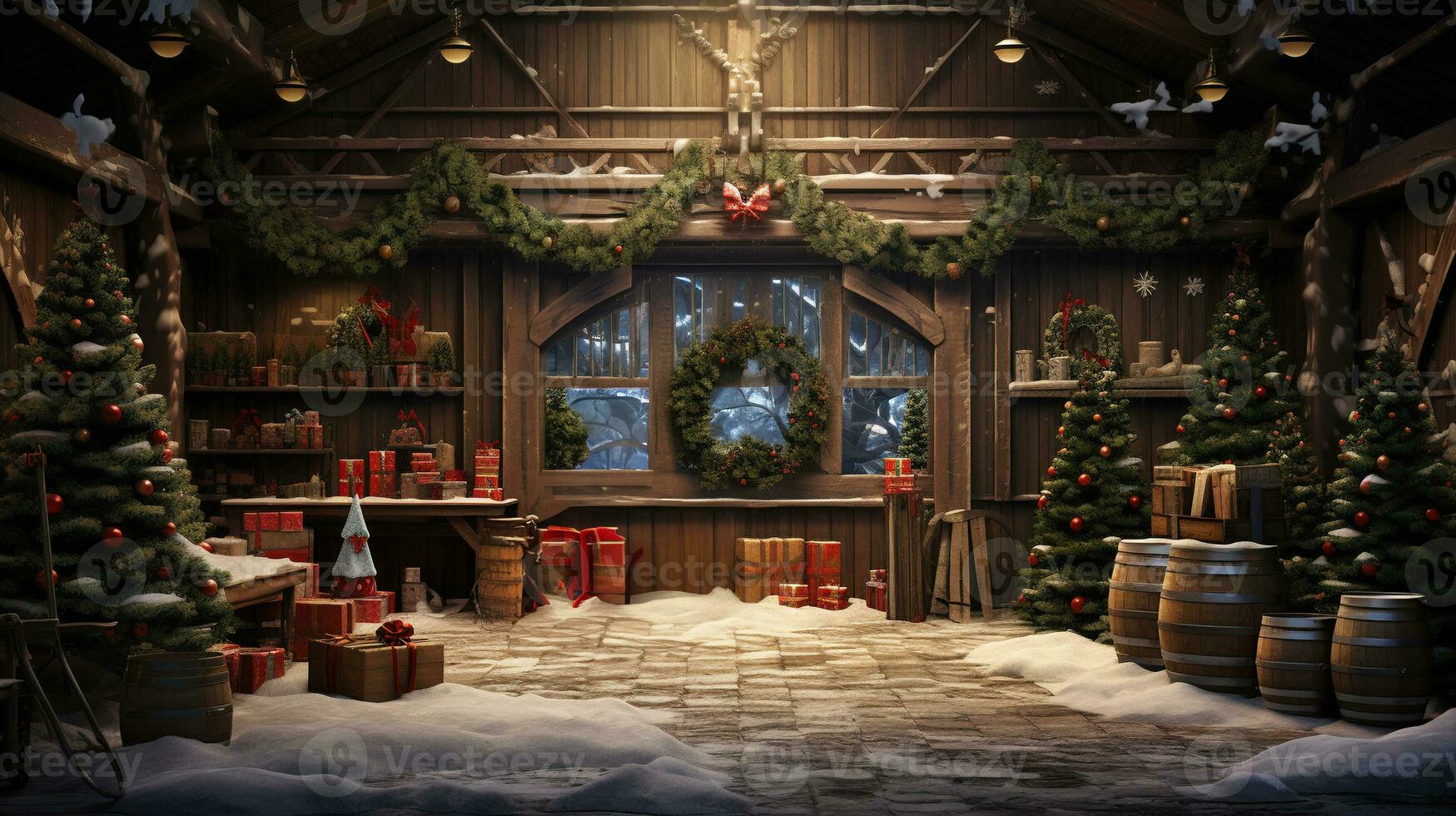 Generative AI, Christmas interior rural background, Santa Claus rustic workshop photo