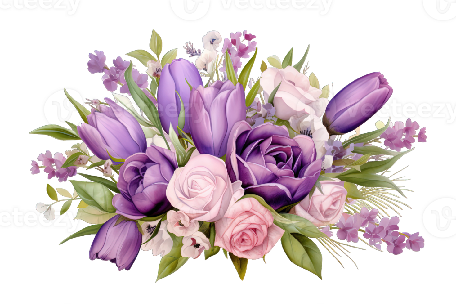 Bouquet of delicate lilac roses and vibrant purple tulips with garden flowers isolated on transparent background. PNG file, cut out. AI Generated