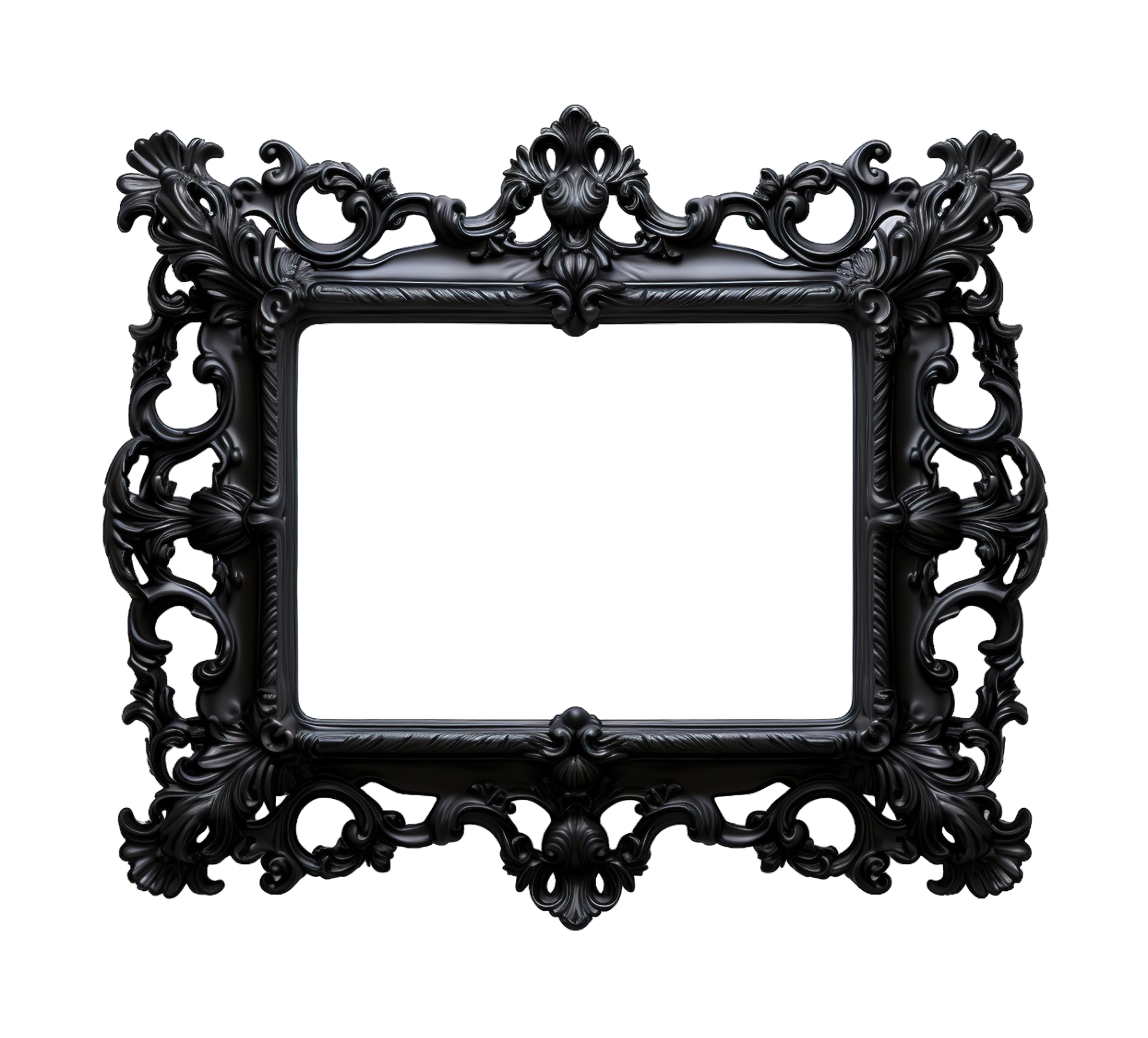 Black baroque frame isolated on transparent background. PNG file, cut