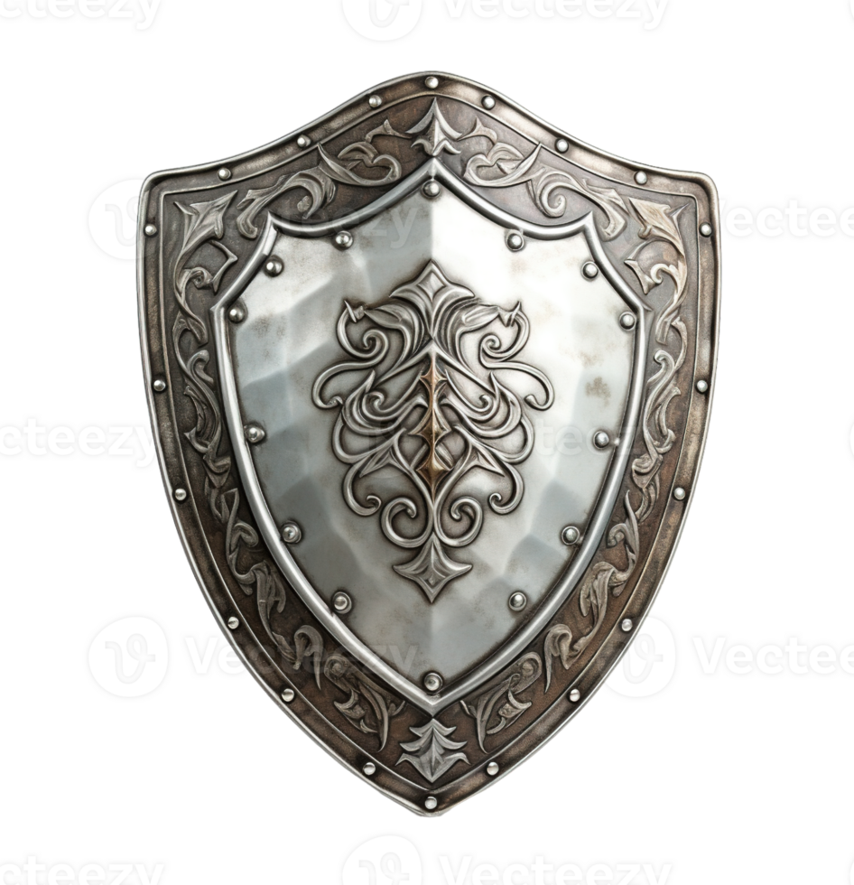 An ancient silver shield isolated on transparent background. PNG file, cut out. AI Generated