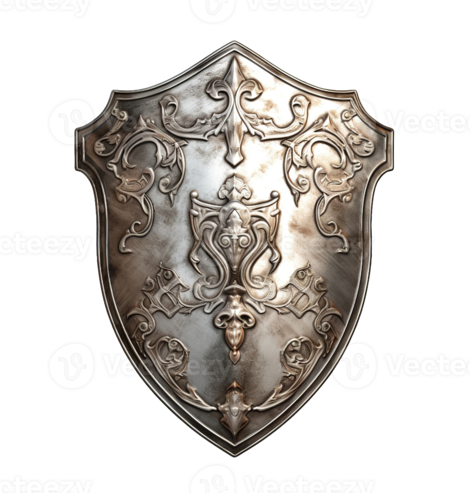 An ancient silver shield isolated on transparent background. PNG file, cut out. AI Generated