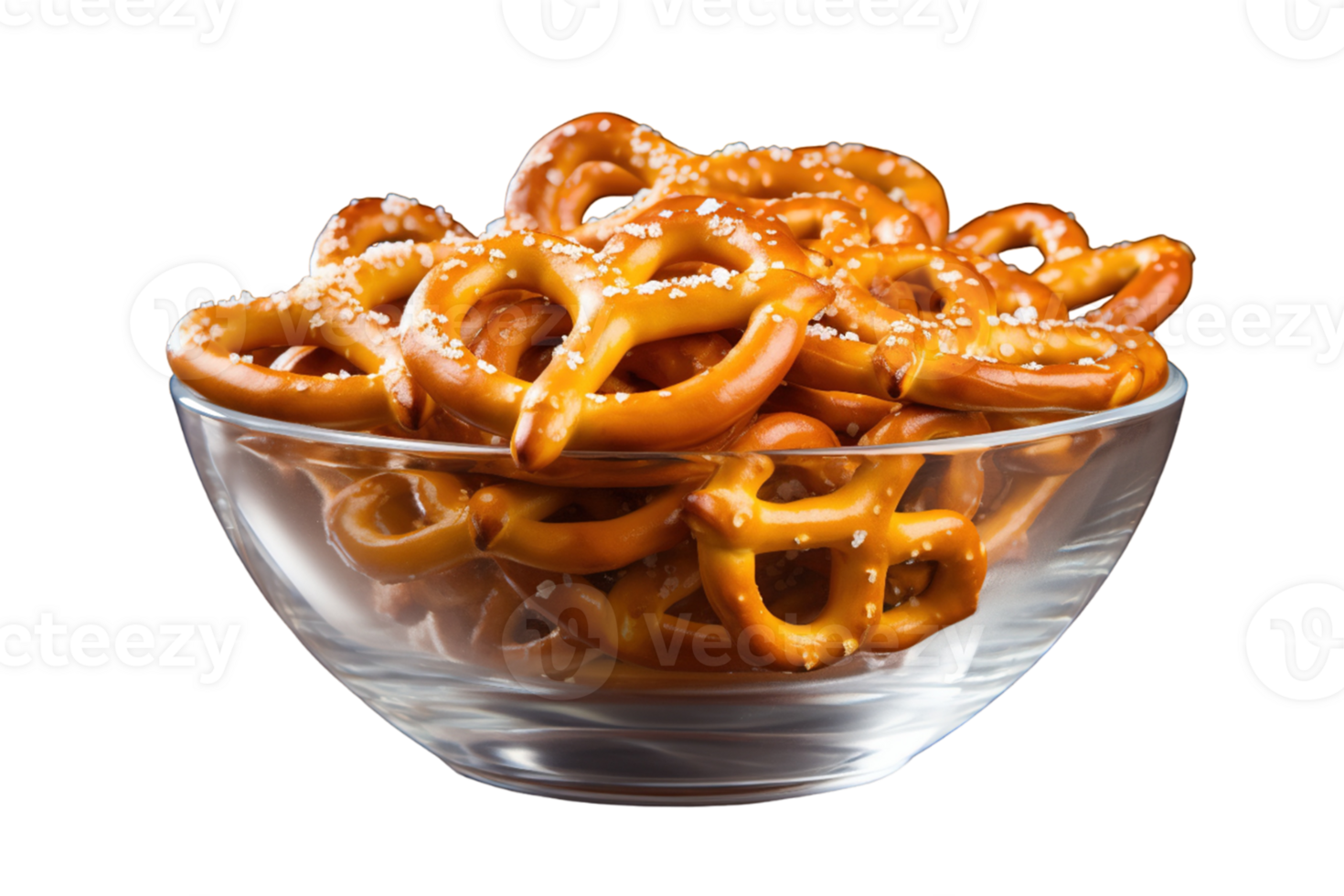 Salted pretzels in bowl isolated on transparent background. PNG file, cut out. AI Generated