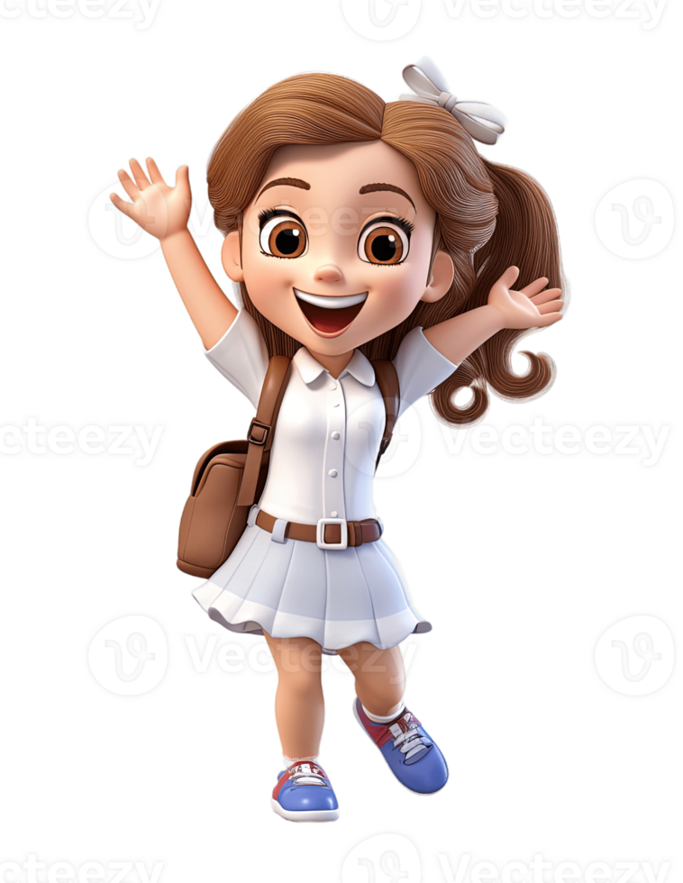 3D cartoon character cute student kids girl dancing isolated on transparent background. PNG file, cut out. AI Generated