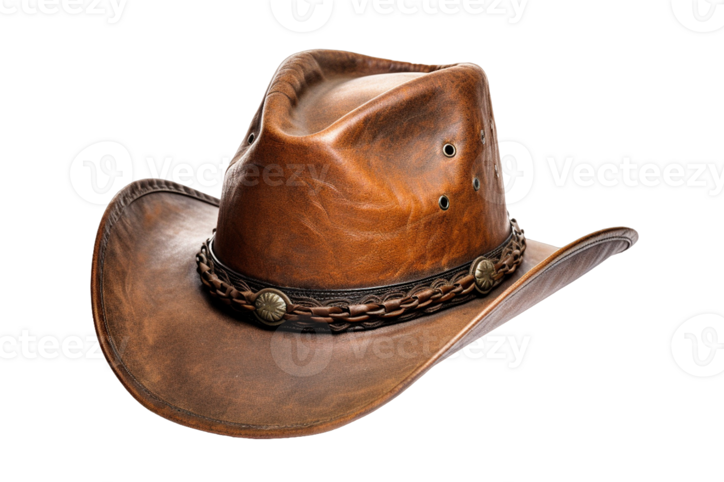 Brown leather cowboy hat isolated on transparent background. PNG file, cut out. AI Generated