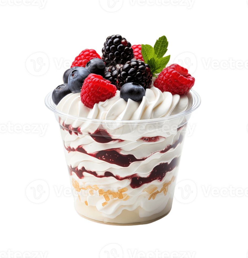 Whipped cream dessert with berries isolated on transparent background. PNG file, cut out. AI Generated