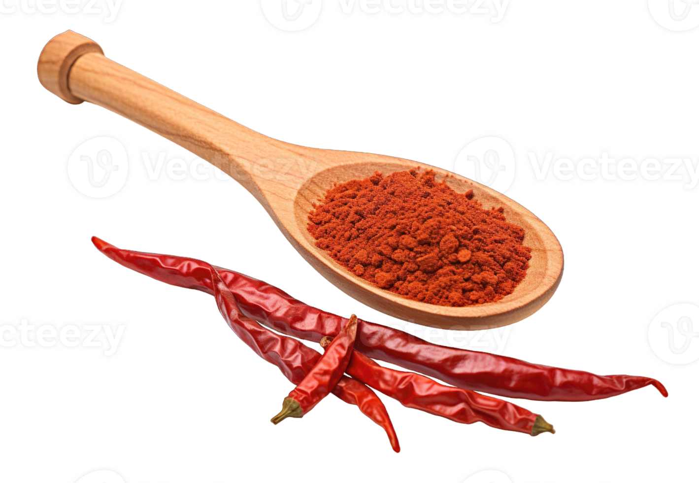Cayenne pepper in wood spoon isolated on transparent background. PNG file, cut out. AI Generated