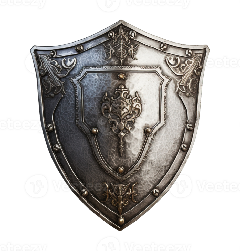 An ancient silver shield isolated on transparent background. PNG file, cut out. AI Generated