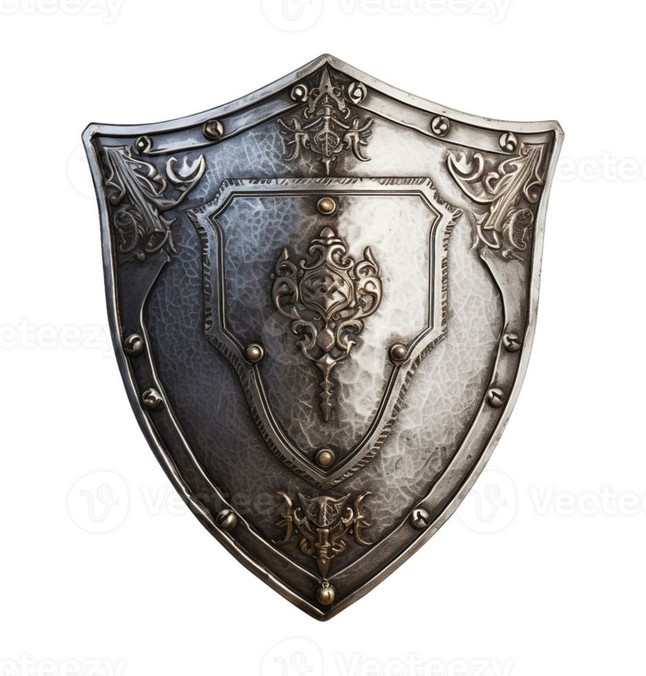 An ancient silver shield isolated on transparent background. PNG file, cut out. AI Generated