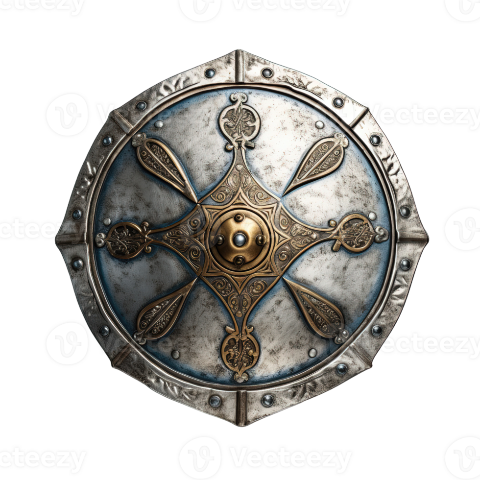 An ancient silver shield isolated on transparent background. PNG file, cut out. AI Generated