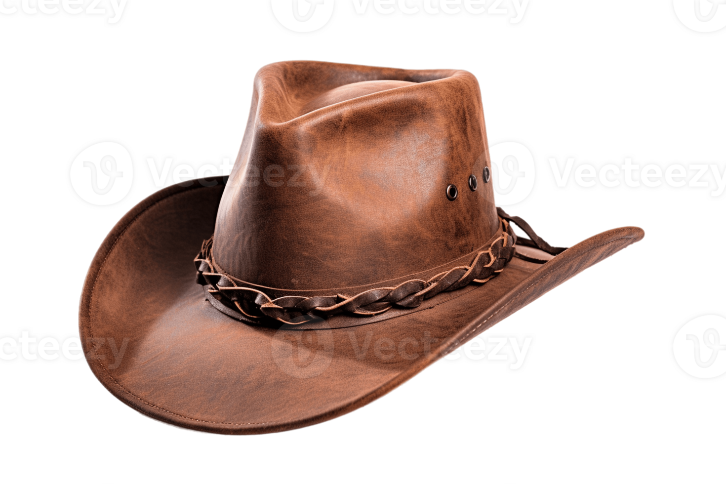 Brown leather cowboy hat isolated on transparent background. PNG file, cut out. AI Generated