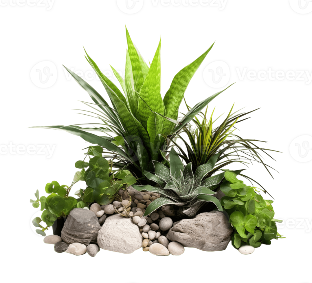 Tropical bush with decorative stones, floral arrangement in garden's natural design isolated on transparent background. PNG file, cut out. AI Generated