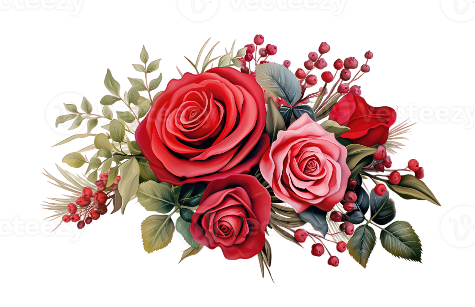 Red Roses Bouquet of garden flowers Floral arrangement isolated on transparent background. PNG file, cut out. AI Generated