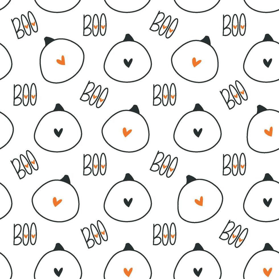 Seamless cute pattern with pumpkin silhouette with eyes hearts. Text boo. Happy halloween wrapping, invitation, print, fabric vector