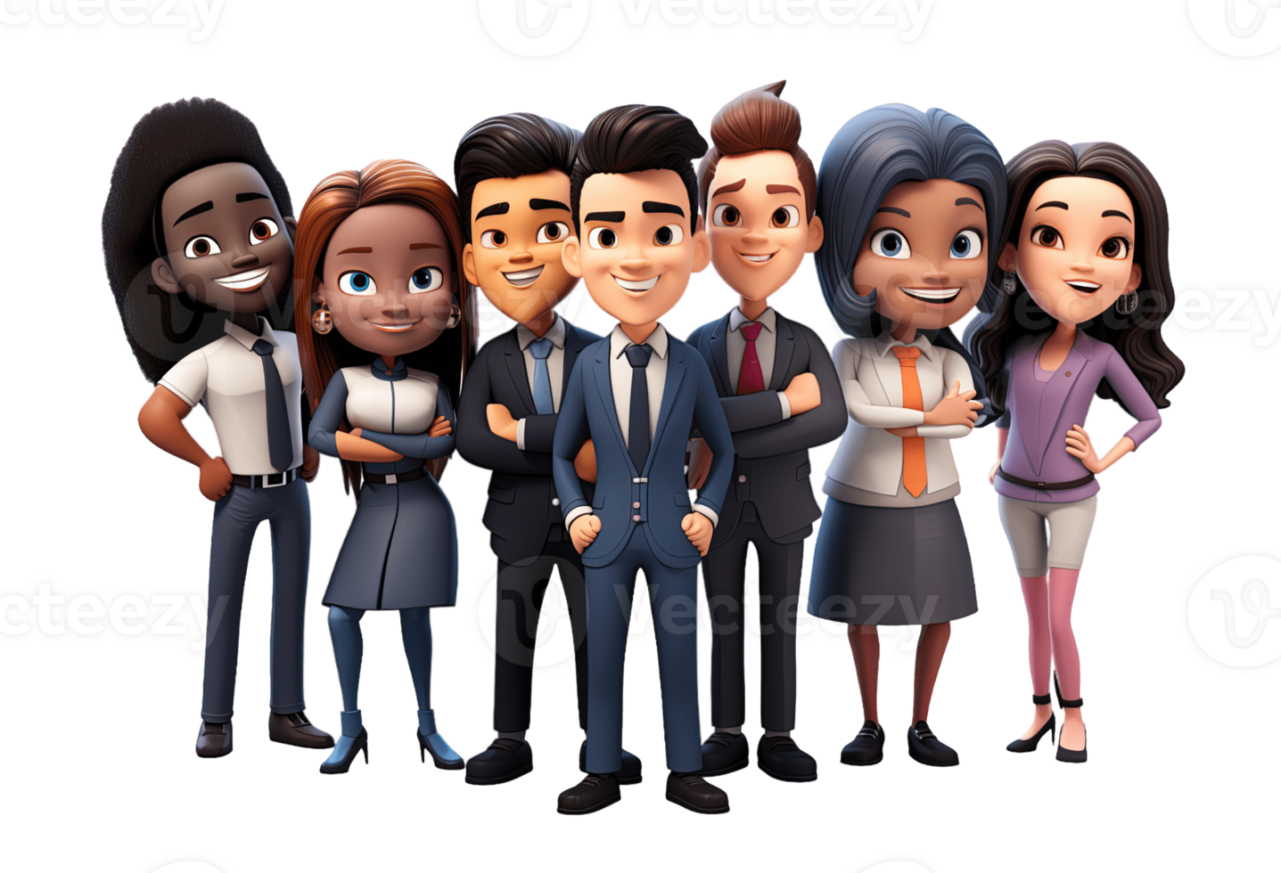 Group of young business people isolated on transparent background. PNG file, cut out. 3D cartoon character. AI Generated