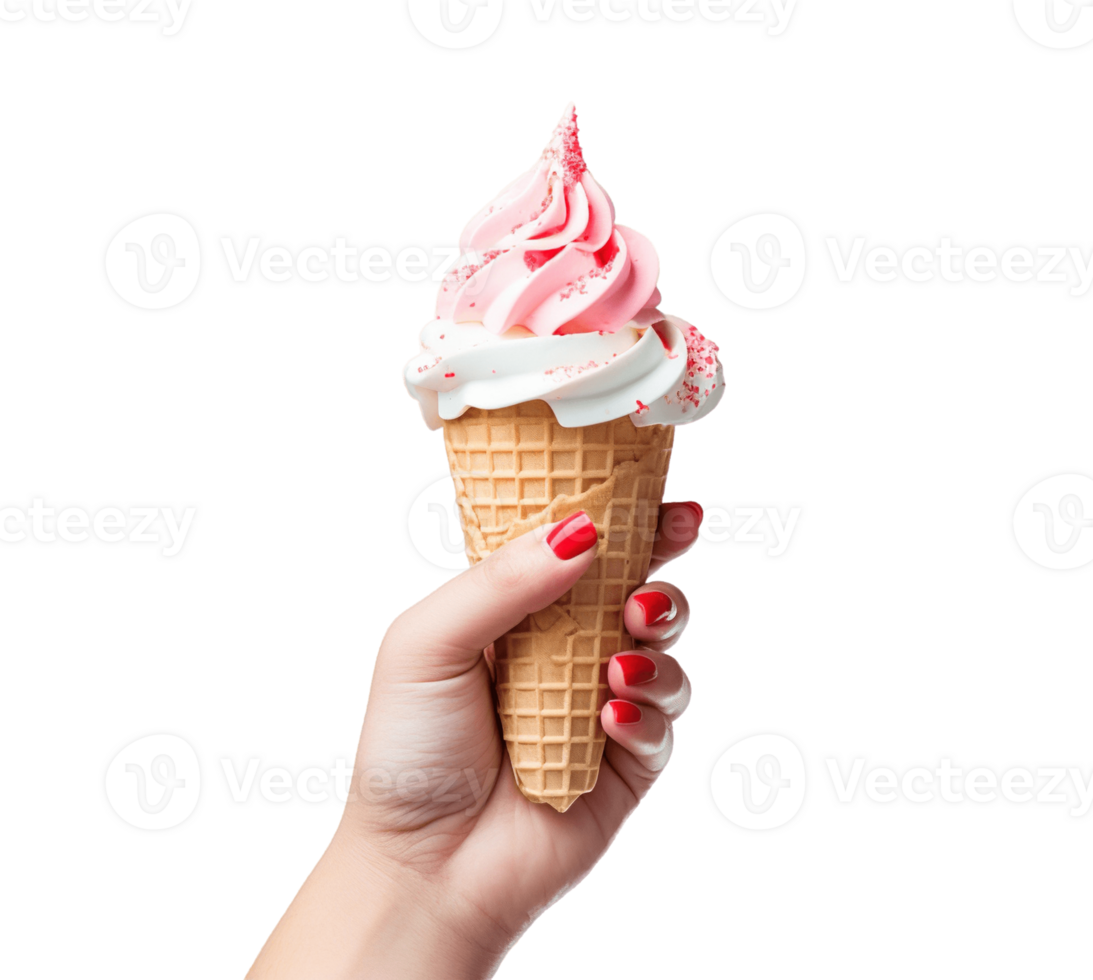 Female hand holding strawberry ice cream cone isolated on transparent background. PNG file, cut out. AI Generated