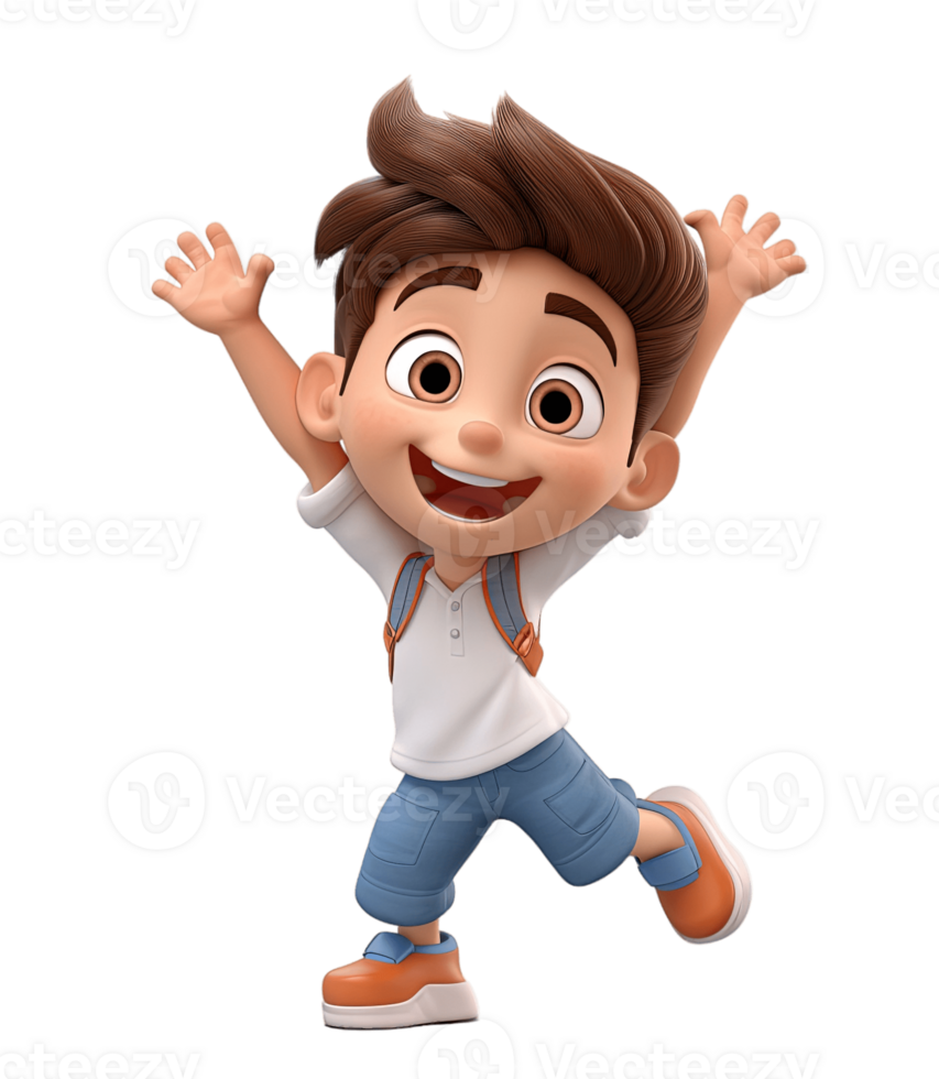 3D cartoon character cute student kids boy dancing isolated on transparent background. PNG file, cut out. AI Generated