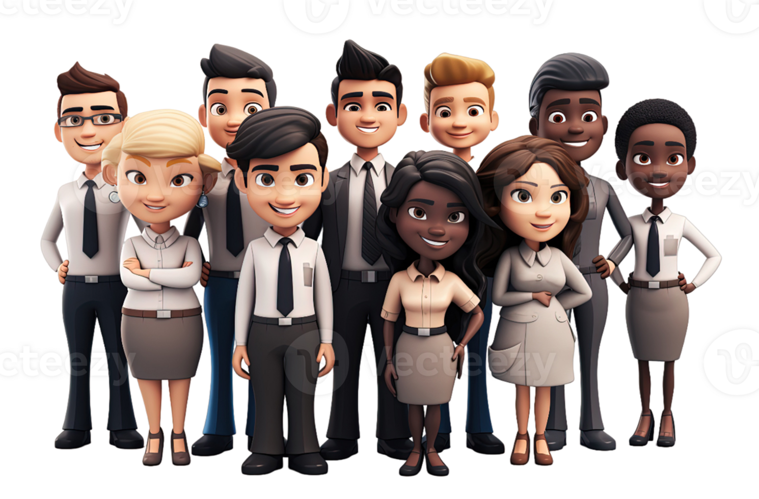 Group of young business people isolated on transparent background. PNG file, cut out. 3D cartoon character. AI Generated