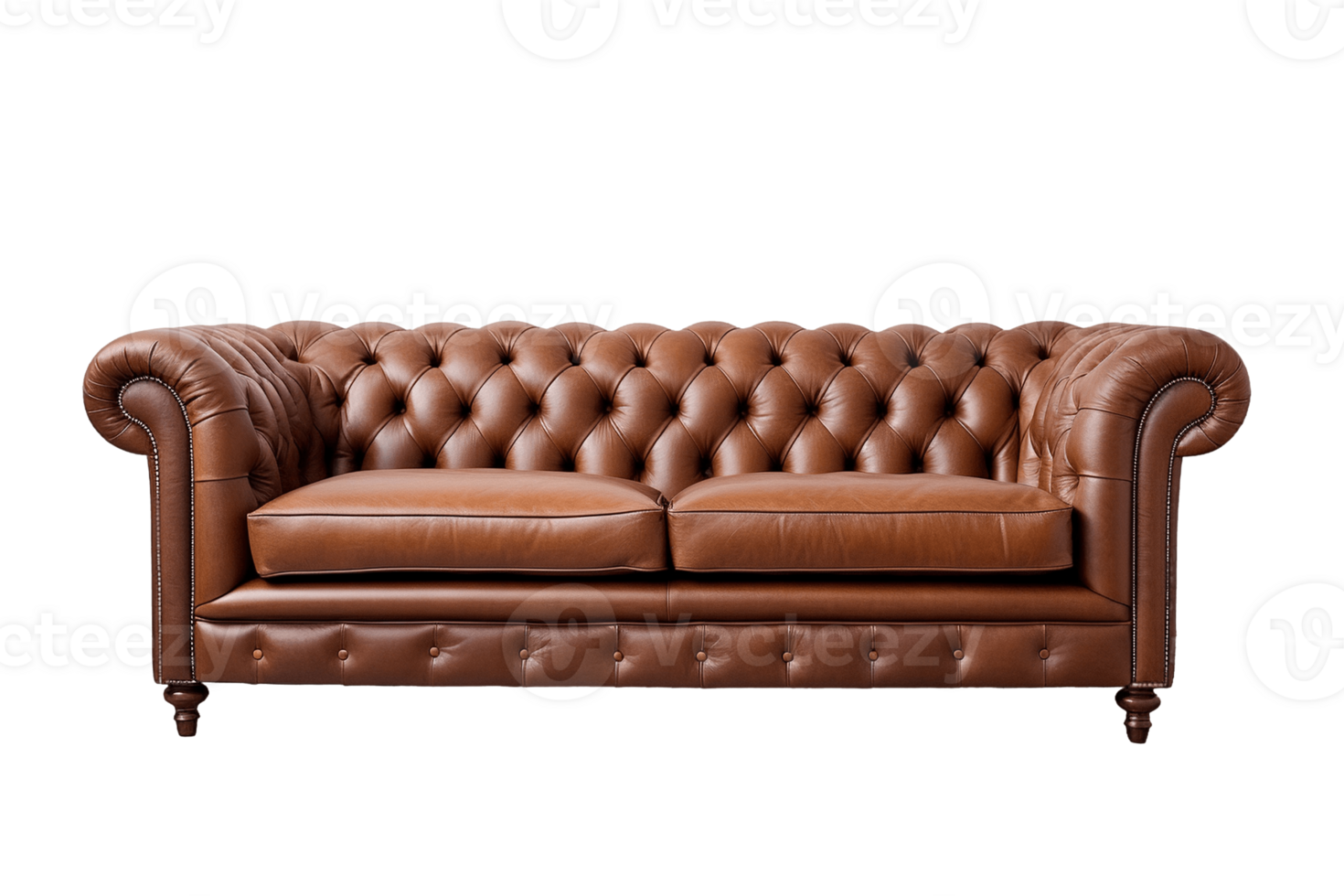 Brown leather chesterfield sofa isolated on transparent background. PNG file, cut out. AI Generated