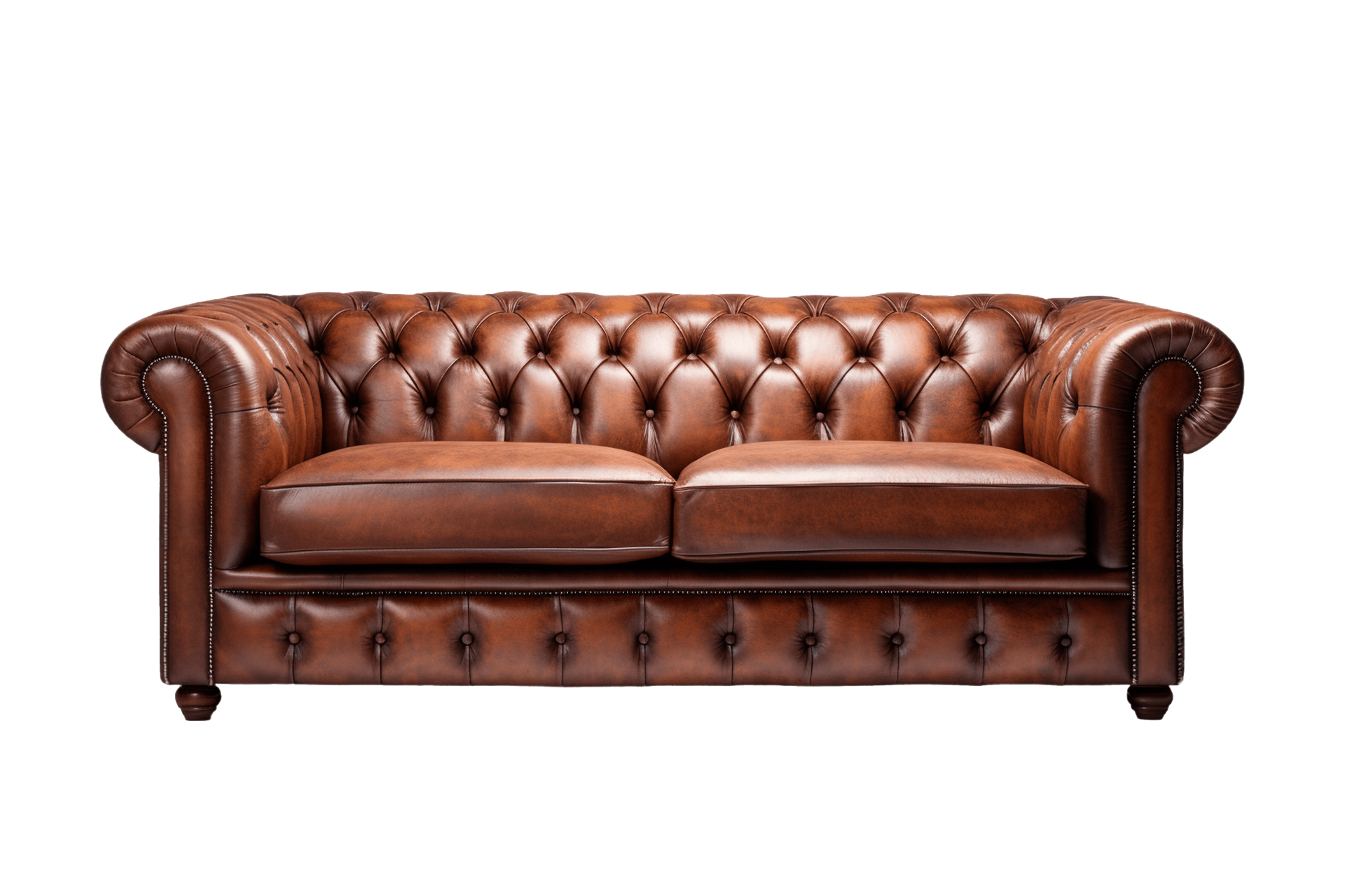 Brown leather chesterfield sofa isolated on transparent background. PNG