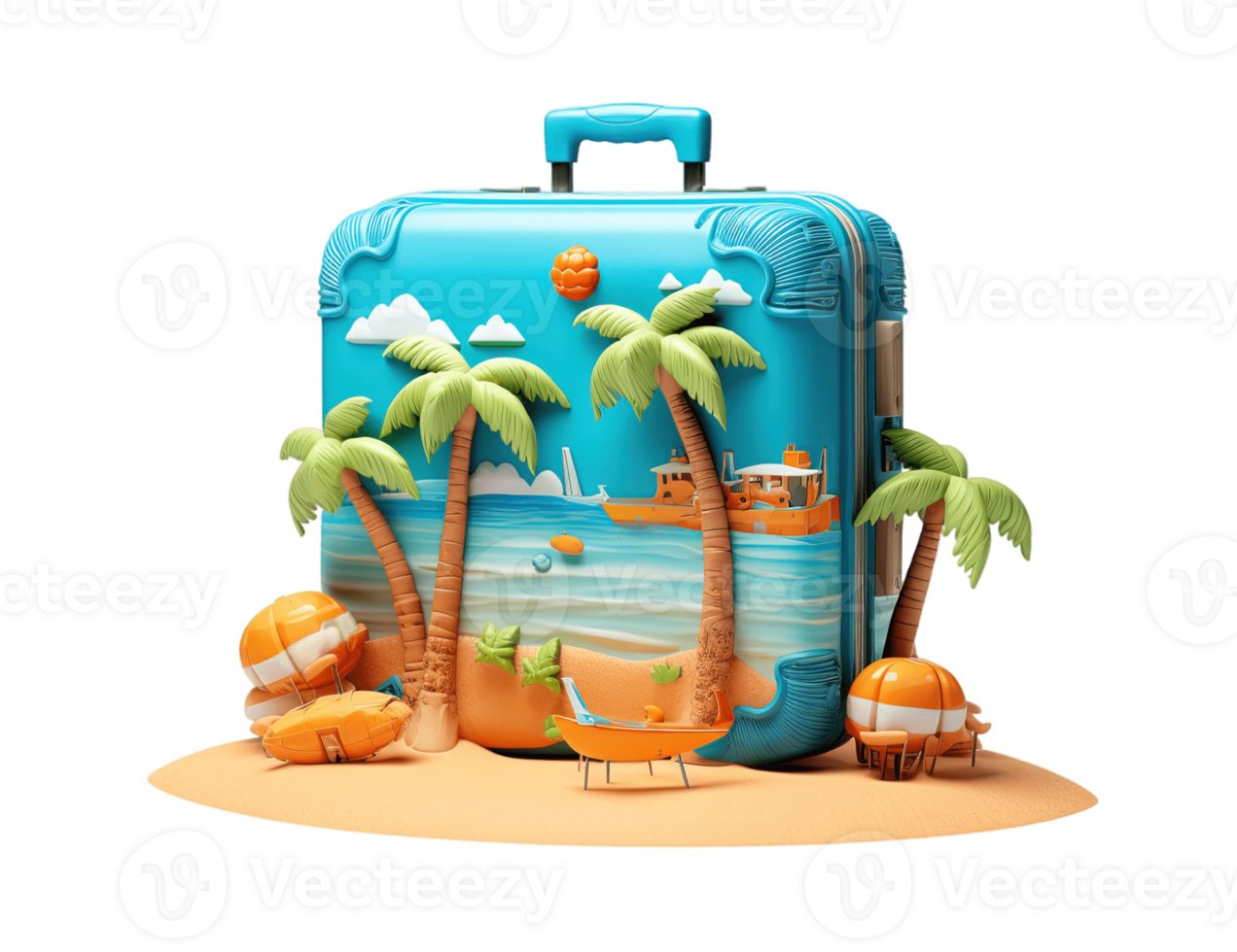 3D illustration of a suitcase on a beach island, concept of travel, vacation, tourism, and summer holiday, isolated on transparent background. PNG file, cut out. AI Generated