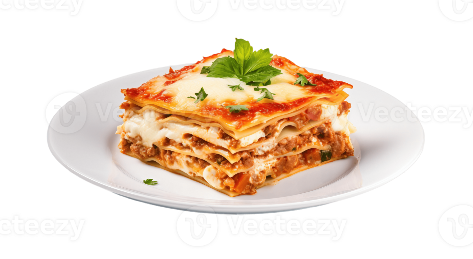 Lasagna on a plate isolated on transparent background. PNG file, cut out. AI Generated