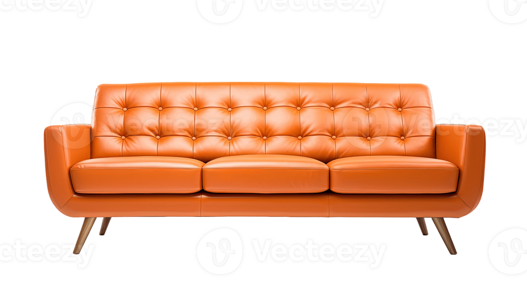 MidCentury Modern orange sofa isolated on transparent background. PNG file, cut out. AI