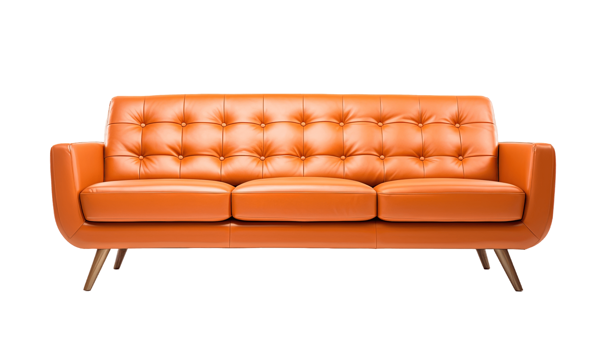 MidCentury Modern orange sofa isolated on transparent background. PNG file, cut out. AI