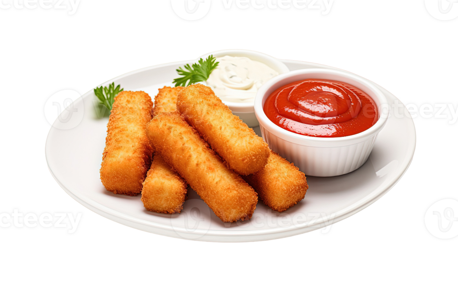 Mozzarella cheese sticks with ketchup isolated on transparent background. PNG file, cut out. AI Generated