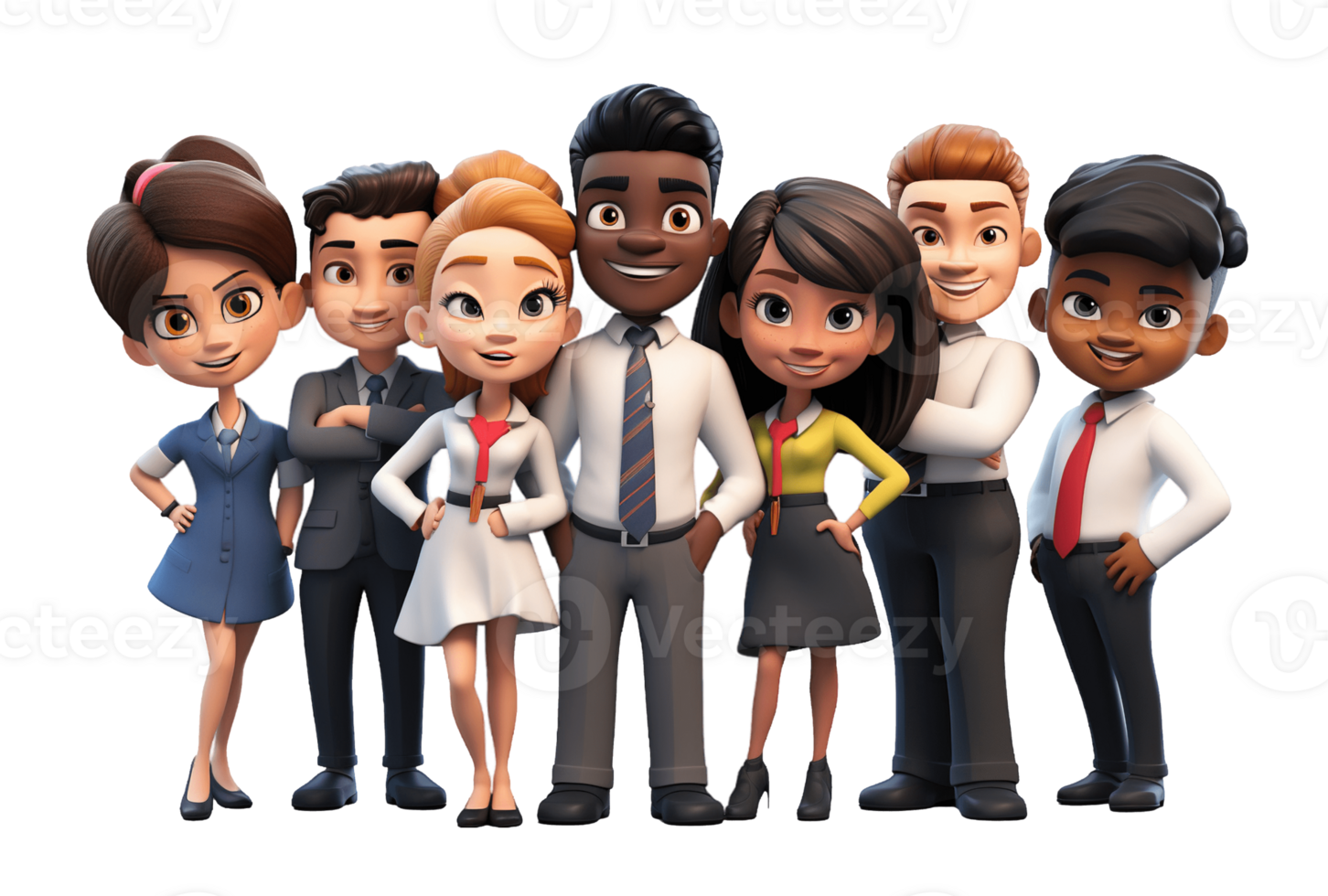 Group of young business people isolated on transparent background. PNG file, cut out. 3D cartoon character. AI Generated
